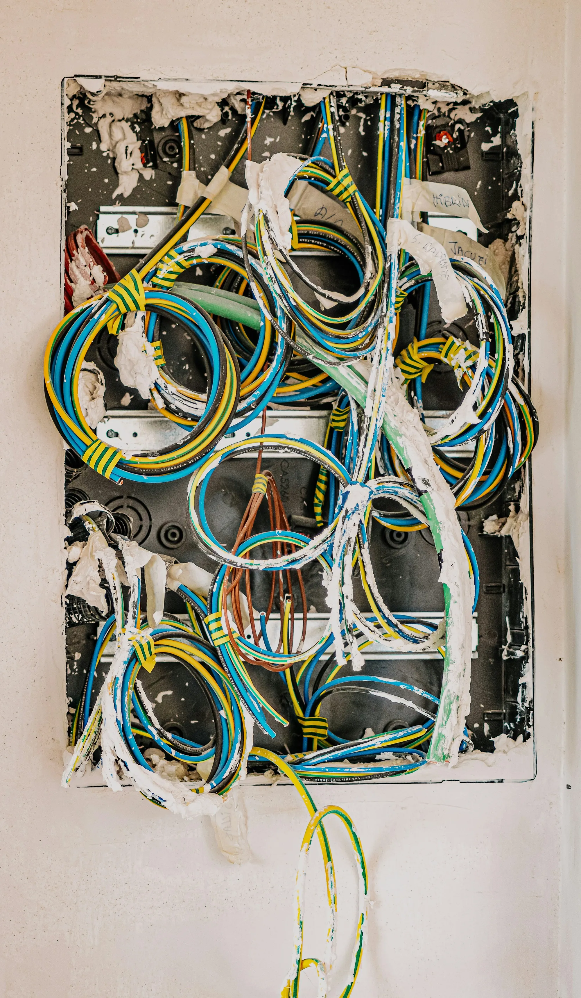 A wall box with multiple coloured conductors emerging from it